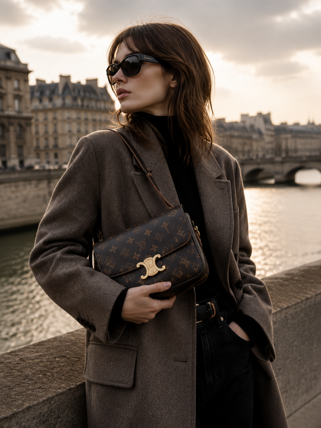 CELINE Ava Triomphe Leather Shoulder Bag – Black