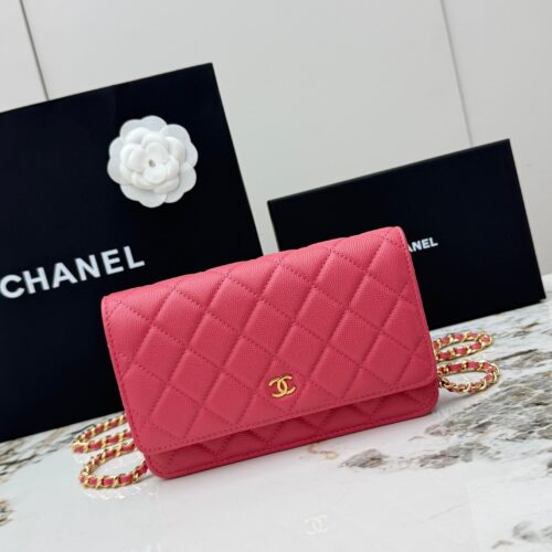 Rose Pink Quilted Textured Calfskin WOC Chain Wallet