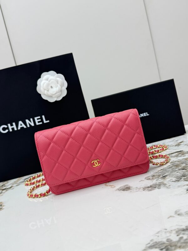 sy_no_025130AA795BE37ADC76512069879F1C_0 Rose Pink Quilted Textured Calfskin WOC Chain Wallet