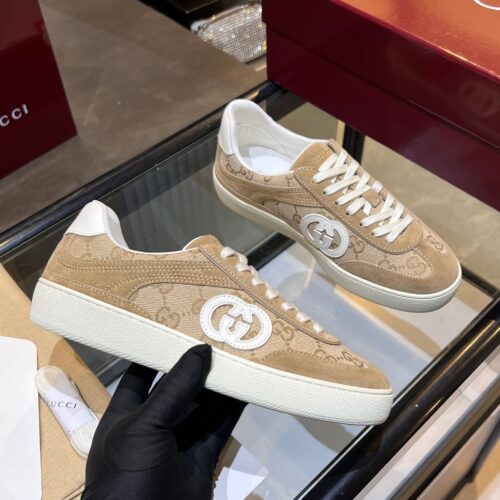 sy_no_039403048EA36AE7AF0BE5907DDB7000_0 Gucci B Sneaker in Beige GG Canvas & Suede with White Interlocking G Logo