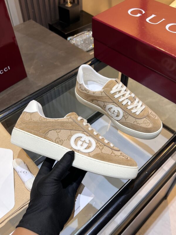 sy_no_039403048EA36AE7AF0BE5907DDB7000_0 Gucci B Sneaker in Beige GG Canvas & Suede with White Interlocking G Logo