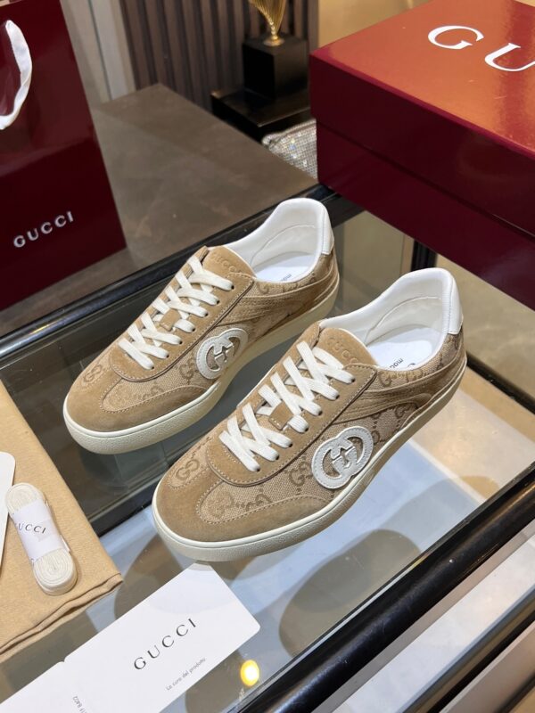 sy_no_039403048EA36AE7AF0BE5907DDB7000_1 Gucci B Sneaker in Beige GG Canvas & Suede with White Interlocking G Logo
