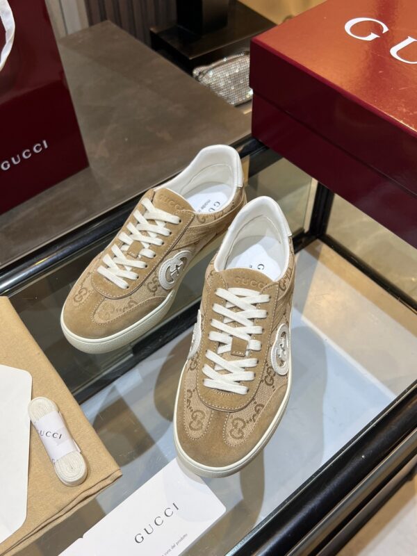 sy_no_039403048EA36AE7AF0BE5907DDB7000_2 Gucci B Sneaker in Beige GG Canvas & Suede with White Interlocking G Logo