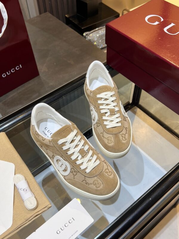 sy_no_039403048EA36AE7AF0BE5907DDB7000_4 Gucci B Sneaker in Beige GG Canvas & Suede with White Interlocking G Logo