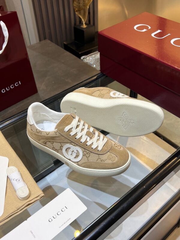 sy_no_039403048EA36AE7AF0BE5907DDB7000_5 Gucci B Sneaker in Beige GG Canvas & Suede with White Interlocking G Logo