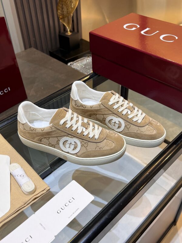 sy_no_039403048EA36AE7AF0BE5907DDB7000_7 Gucci B Sneaker in Beige GG Canvas & Suede with White Interlocking G Logo