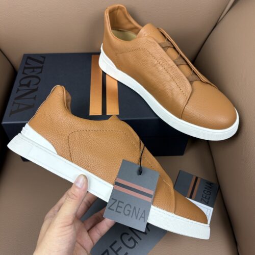 Caramel & Camel Textured Leather Slip-On Sneakers