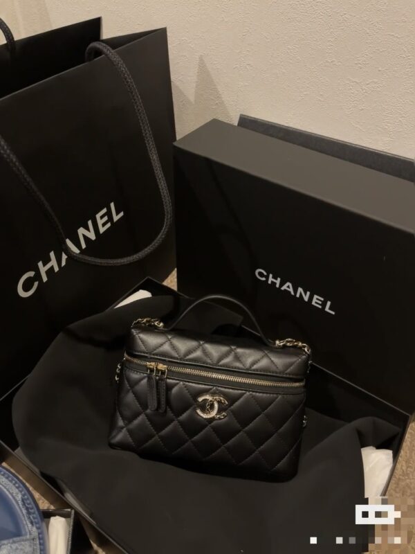 Chanel Black & Gold Quilted Double-C "Box Bag" (25C Collection) with Top Handle