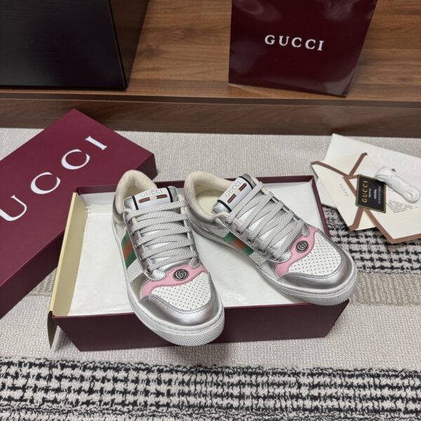 sy_no_073DC61902CDFCEE4B9C99B5002854F7_0 Gucci Screener Metallic Silver & Pink Leather Sneaker