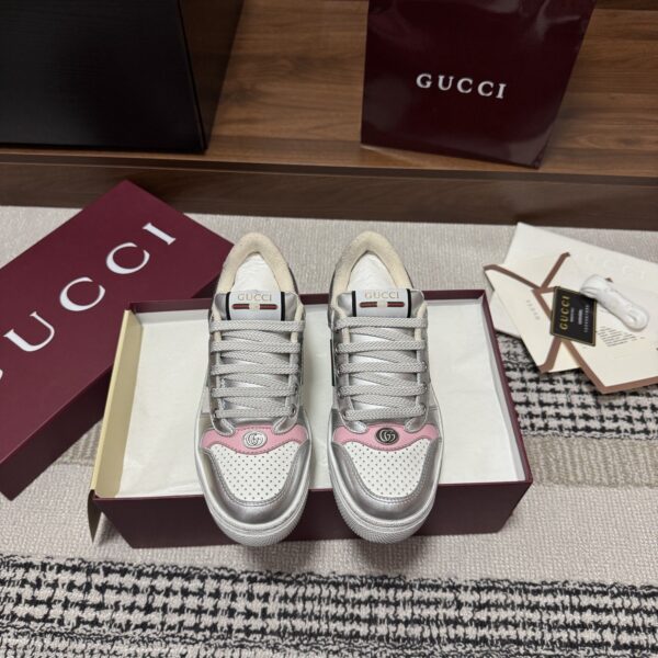 sy_no_073DC61902CDFCEE4B9C99B5002854F7_1 Gucci Screener Metallic Silver & Pink Leather Sneaker