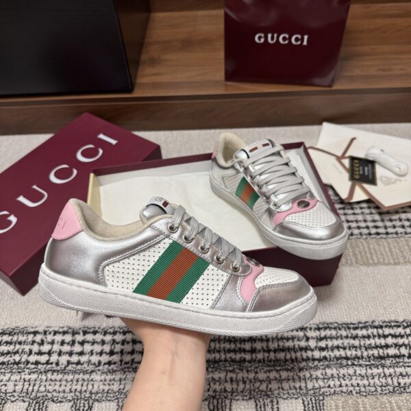 sy_no_073DC61902CDFCEE4B9C99B5002854F7_4 Gucci Screener Metallic Silver & Pink Leather Sneaker