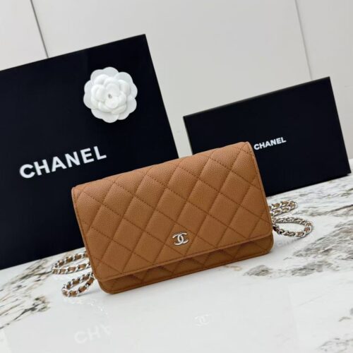 Brown Quilted Textured Calfskin WOC Chain Wallet