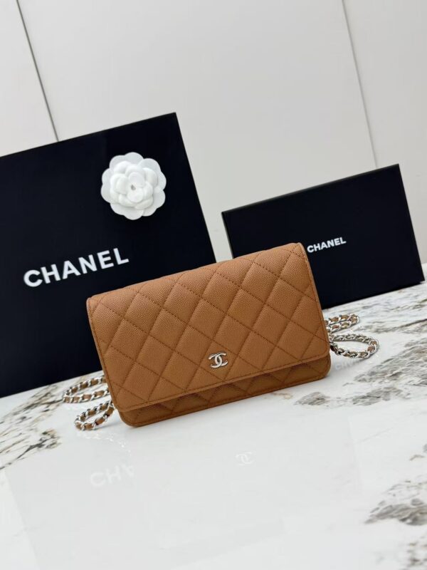 Brown Quilted Textured Calfskin WOC Chain Wallet