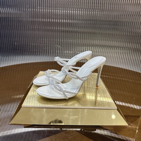 White Crystal Double-Strap Twisted High-Heel Mules