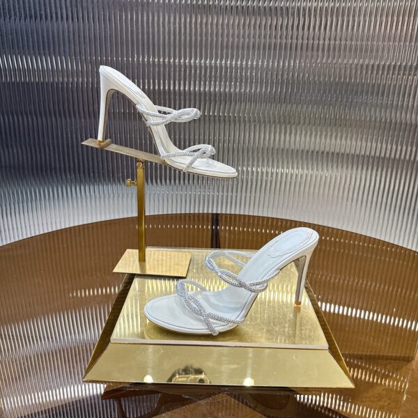 White Crystal Double-Strap Twisted High-Heel Mules