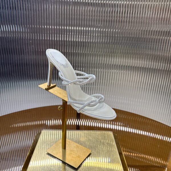 White Crystal Double-Strap Twisted High-Heel Mules
