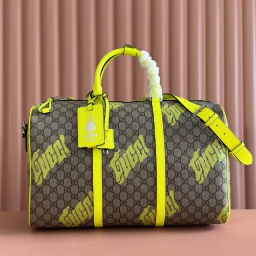 sy_no_0A8652798C9E0FB841FF1C7BDD52C7EA_0 Gucci GG Monogram Fluorescent Yellow Print Boston Bag / Travel Bag – Green Trim