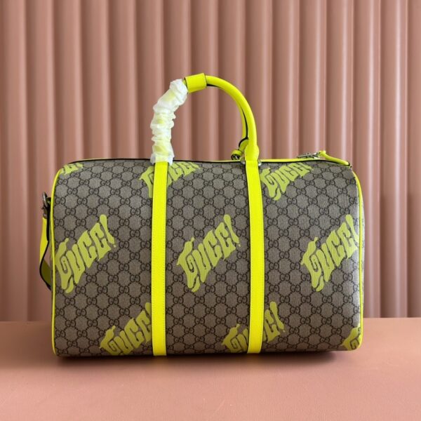 sy_no_0A8652798C9E0FB841FF1C7BDD52C7EA_1 Gucci GG Monogram Fluorescent Yellow Print Boston Bag / Travel Bag – Green Trim
