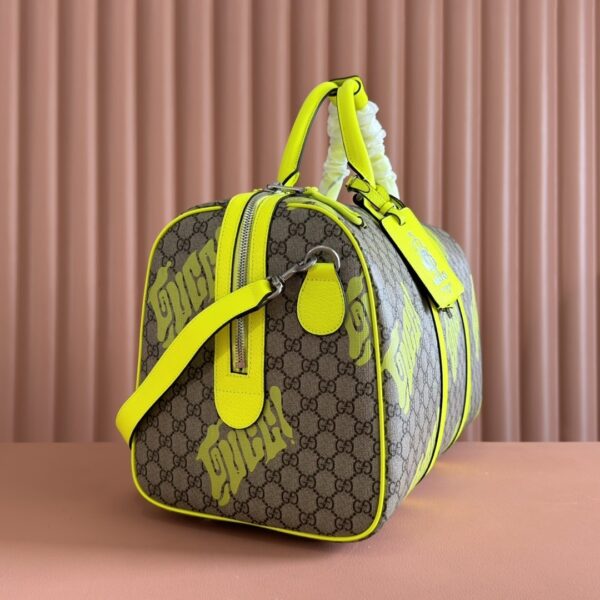 sy_no_0A8652798C9E0FB841FF1C7BDD52C7EA_2 Gucci GG Monogram Fluorescent Yellow Print Boston Bag / Travel Bag – Green Trim