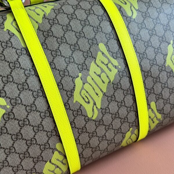 sy_no_0A8652798C9E0FB841FF1C7BDD52C7EA_4 Gucci GG Monogram Fluorescent Yellow Print Boston Bag / Travel Bag – Green Trim