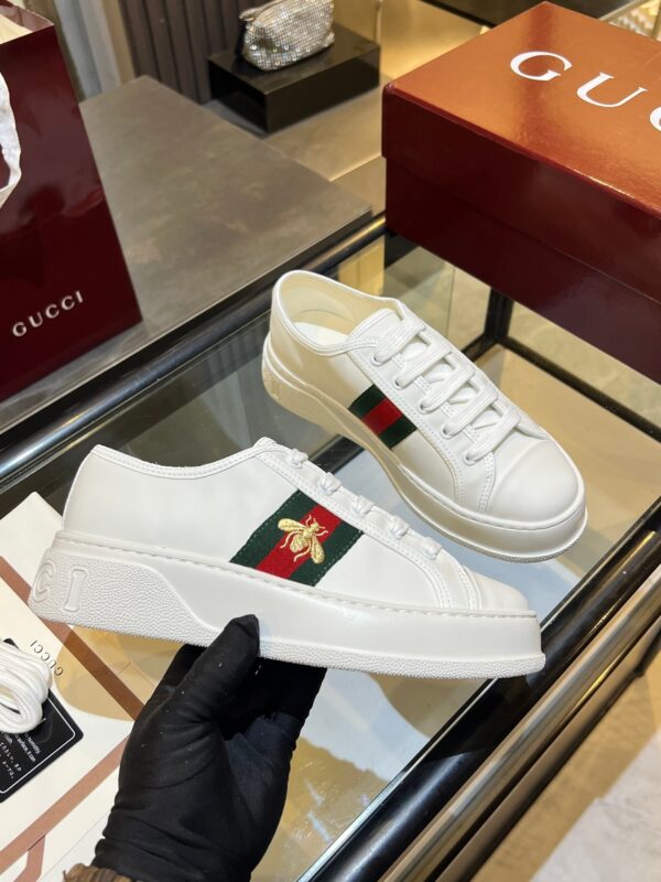 Gucci Re-Web Leather Sneaker in White with Gold Bee Embroidery & Green/Red Web