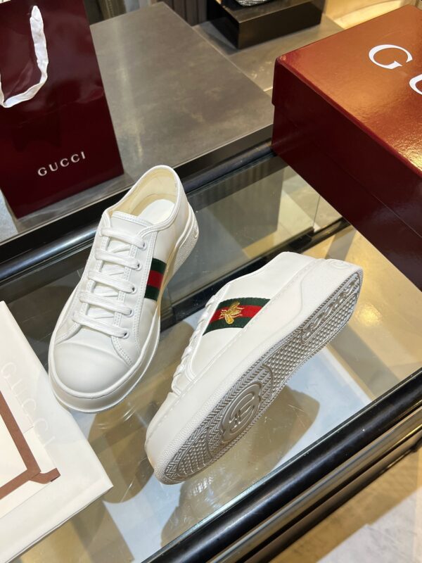 Gucci Re-Web Leather Sneaker in White with Gold Bee Embroidery & Green/Red Web