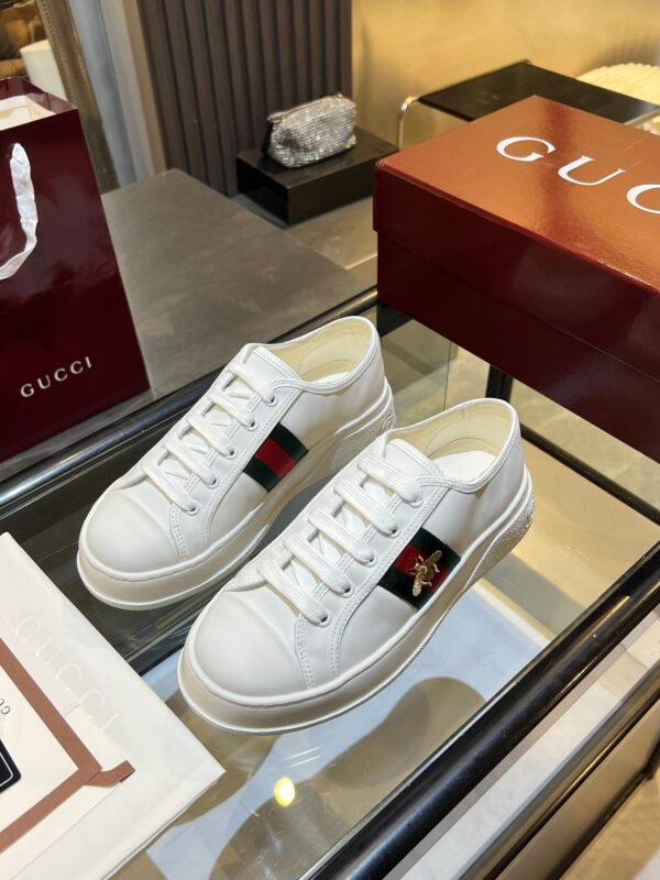 Gucci Re-Web Leather Sneaker in White with Gold Bee Embroidery & Green/Red Web