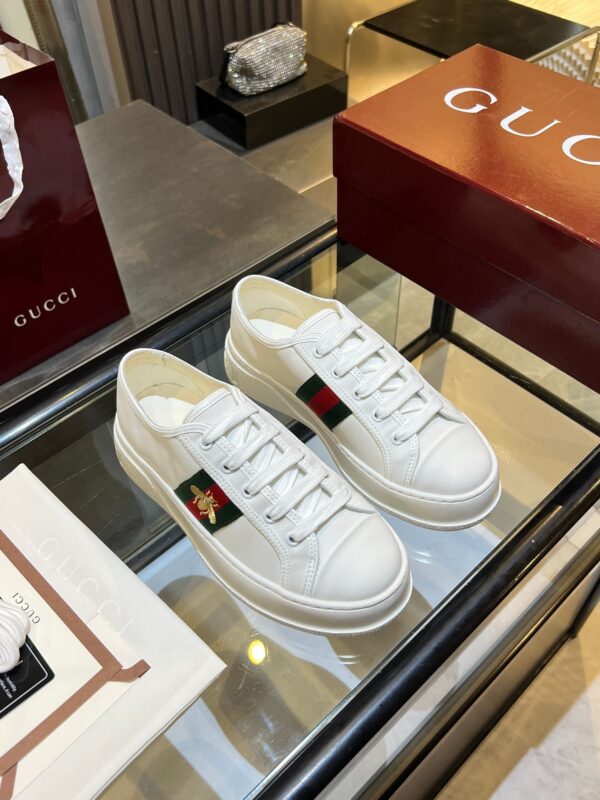 Gucci Re-Web Leather Sneaker in White with Gold Bee Embroidery & Green/Red Web