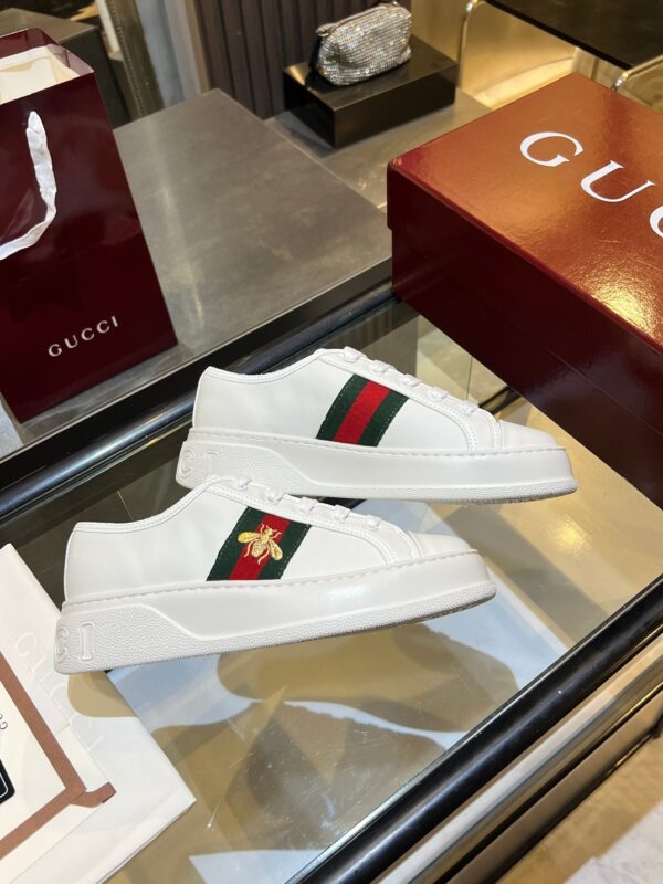 Gucci Re-Web Leather Sneaker in White with Gold Bee Embroidery & Green/Red Web