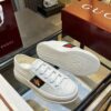 Gucci Re-Web Leather Sneaker in White with Gold Bee Embroidery & Green/Red Web