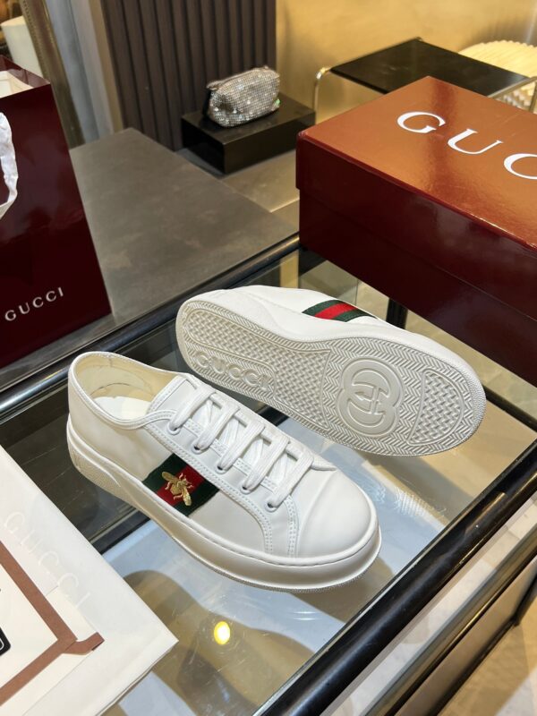 Gucci Re-Web Leather Sneaker in White with Gold Bee Embroidery & Green/Red Web
