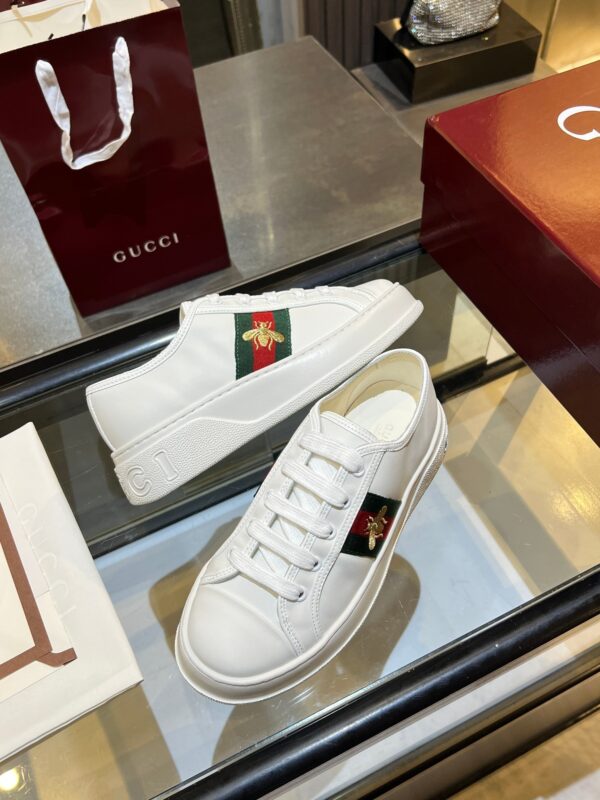 Gucci Re-Web Leather Sneaker in White with Gold Bee Embroidery & Green/Red Web
