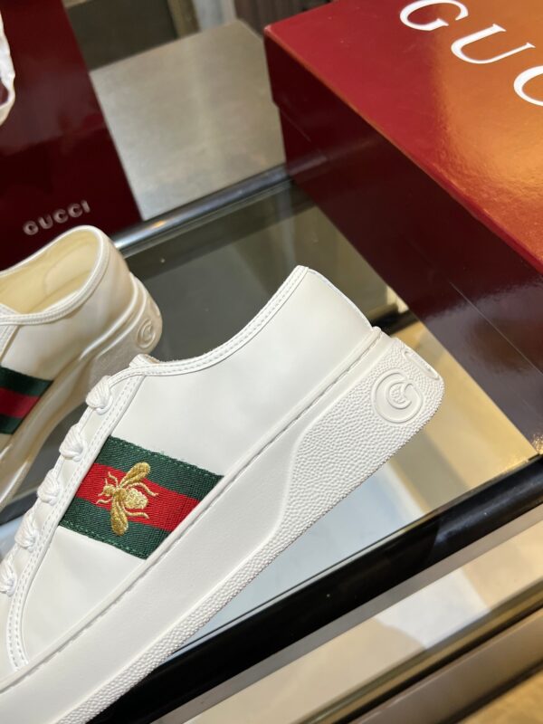 Gucci Re-Web Leather Sneaker in White with Gold Bee Embroidery & Green/Red Web
