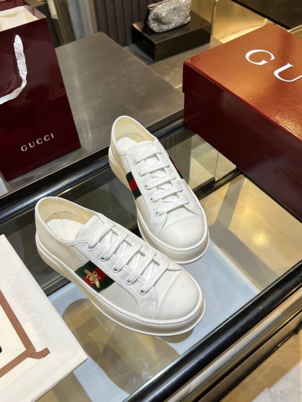 Gucci Re-Web Leather Sneaker in White with Gold Bee Embroidery & Green/Red Web