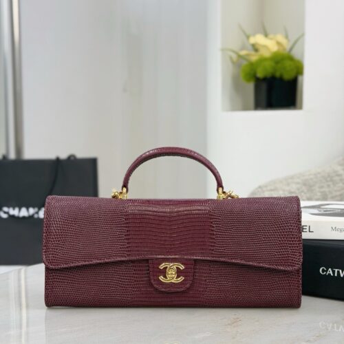 Burgundy Lizard-Embossed East-West Top-Handle Bag
