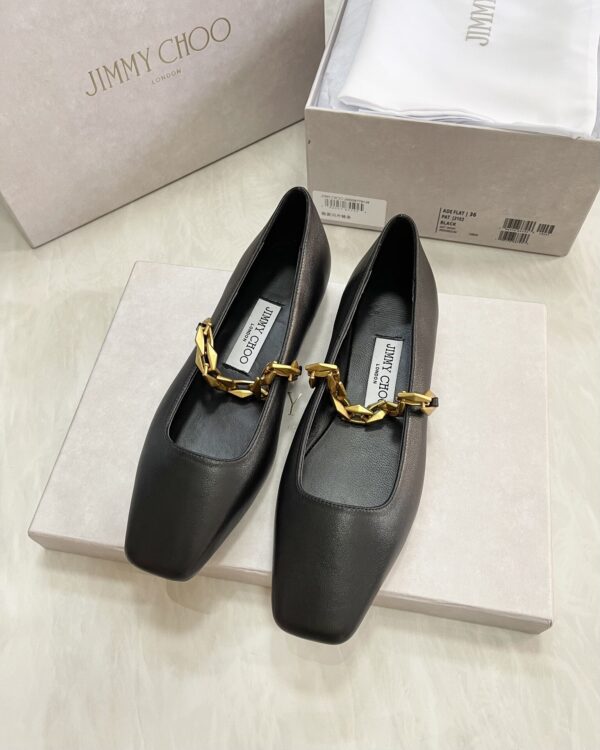 sy_no_0DD83E1E97A21AC51CA1B9CA7C70A1B3_0 Jimmy Choo Square-Toe Chain Ballet Flats in Black