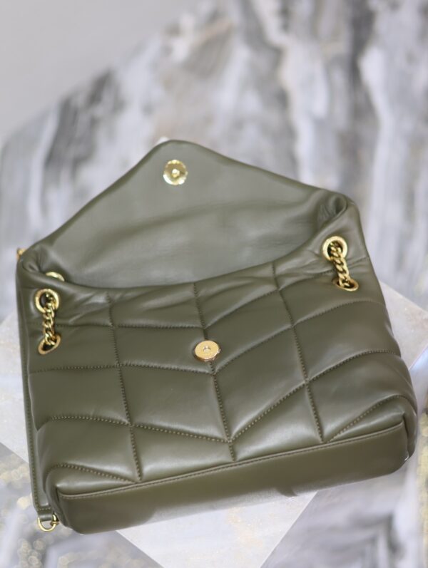 sy_no_11ACF604F4446AA124BE861D1C01C991_7 YSL Loulou Puffer 29cm Quilted Chain Bag – Olive Green