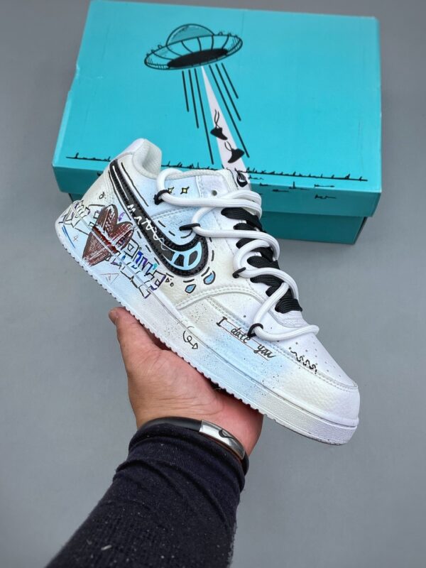sy_no_11C1730BDD75A78A640459AA401F1E76_0 Nike Air Force 1 Low Custom – Light Blue Graffiti & Double-Lace Sneakers