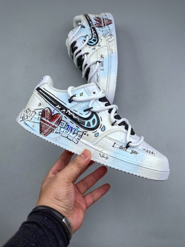 sy_no_11C1730BDD75A78A640459AA401F1E76_3 Nike Air Force 1 Low Custom – Light Blue Graffiti & Double-Lace Sneakers