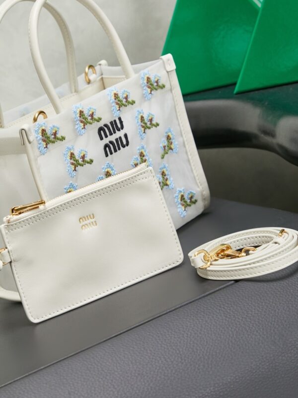 New Miu Miu Fashionable Floral-Embroidered Mesh Tote Bag