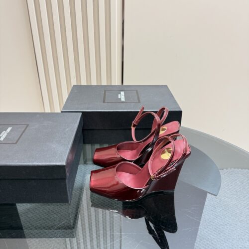 Burgundy Patent Leather Square-Toe Wedge Heels