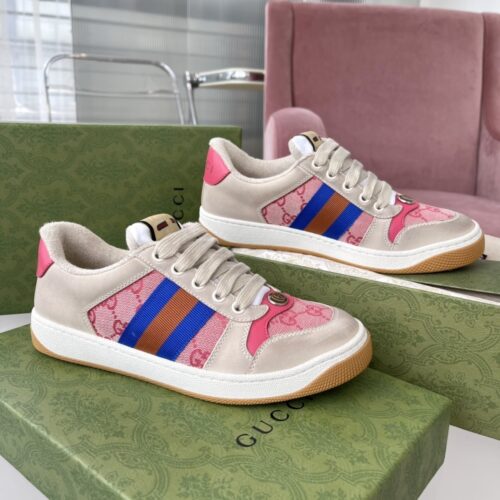 sy_no_1706B263708B7D9BF0DB2F25039615A7_0 Gucci Screener Sneaker in Pink GG Canvas with Blue/Orange Web Stripe & Beige Leather