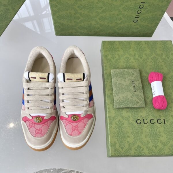 Gucci Screener Sneaker in Pink GG Canvas with Blue/Orange Web Stripe & Beige Leather