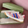 Gucci Screener Sneaker in Pink GG Canvas with Blue/Orange Web Stripe & Beige Leather