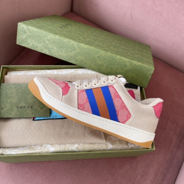 Gucci Screener Sneaker in Pink GG Canvas with Blue/Orange Web Stripe & Beige Leather