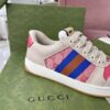 Gucci Screener Sneaker in Pink GG Canvas with Blue/Orange Web Stripe & Beige Leather