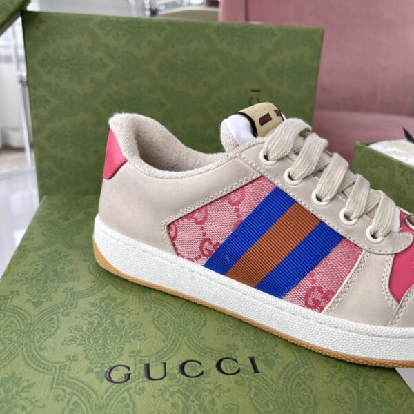 Gucci Screener Sneaker in Pink GG Canvas with Blue/Orange Web Stripe & Beige Leather