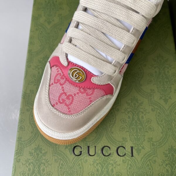 Gucci Screener Sneaker in Pink GG Canvas with Blue/Orange Web Stripe & Beige Leather