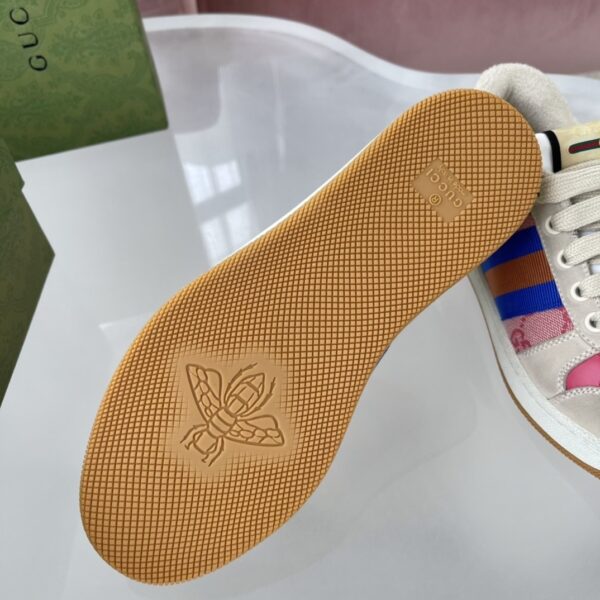 Gucci Screener Sneaker in Pink GG Canvas with Blue/Orange Web Stripe & Beige Leather