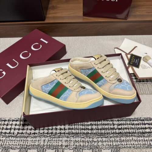 Gucci Screener Light Blue Crystal GG Canvas Beige Suede Backless Sneaker / Mule